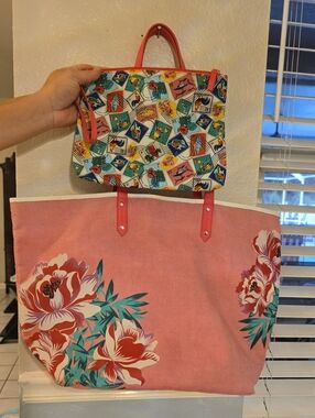 Coral Floral Canvas Tote with Small Printed Bag Included.